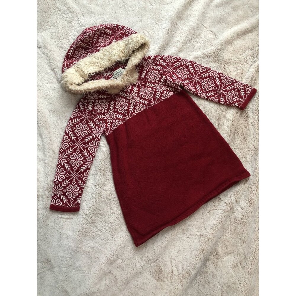 L.L. Bean Girls Snowflake Hooded Sweater Dress Size 4T Red & White Knit